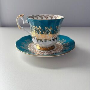 Elizabethan England Fine Bone China Tea Cup Saucer Set Teal Gold Floral Filigree